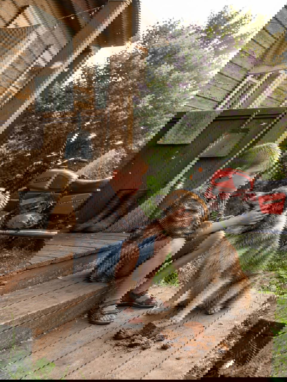 Мальчик сидит на потертой деревянной лестнице и нежно гладит пса, рядом мотоцикл, веники и сирень — атмосфера деревенского уюта и простоты.