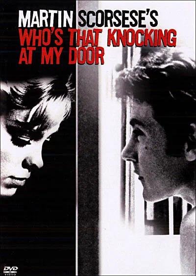 Двухцветный чёрно-белый постер фильма Мартина Скорсезе «Who’s That Knocking at My Door» с профилями персонажей, отражающий ранний стиль режиссёра.