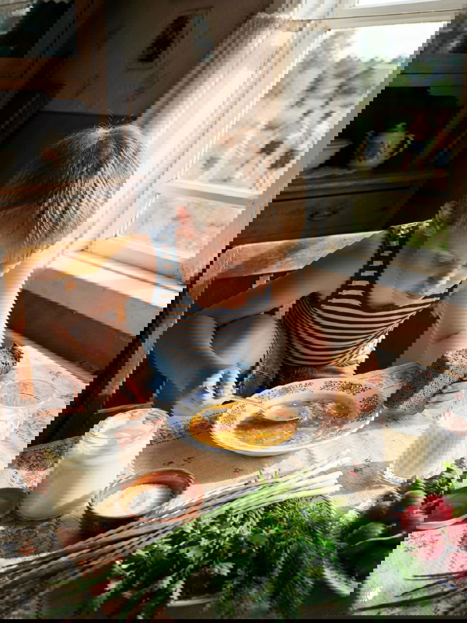 Мальчик сосредоточенно ест тарелку супа за кухонным столом, рядом хлеб, сметана и много зелени; в окне виднеются играющие на улице ребята.