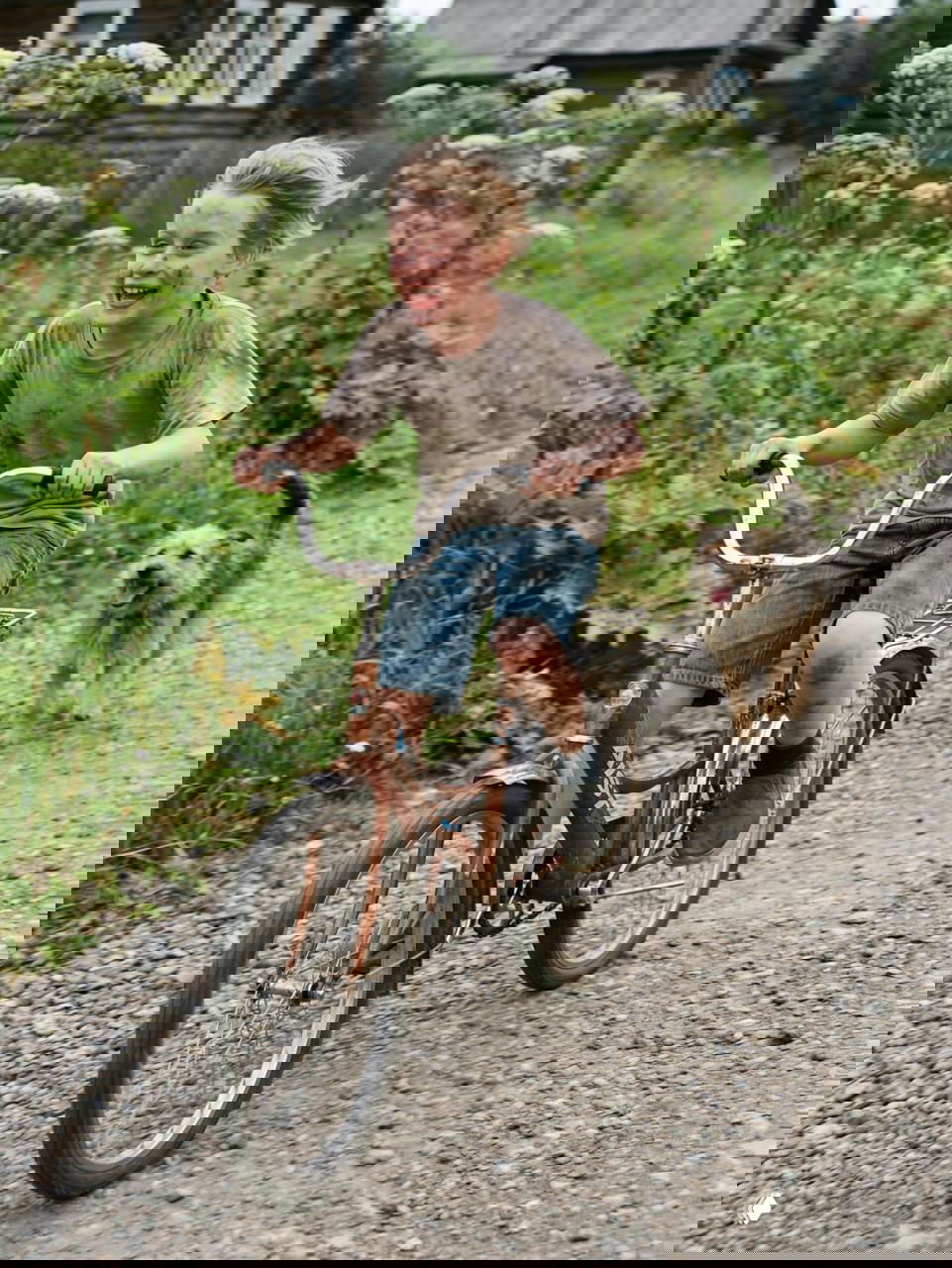 Ребёнок мчится на старом велосипеде по гравийной дороге, за ним радостно бежит пес; запылённая дорога и дикорастущая трава подчёркивают летнюю свободу.