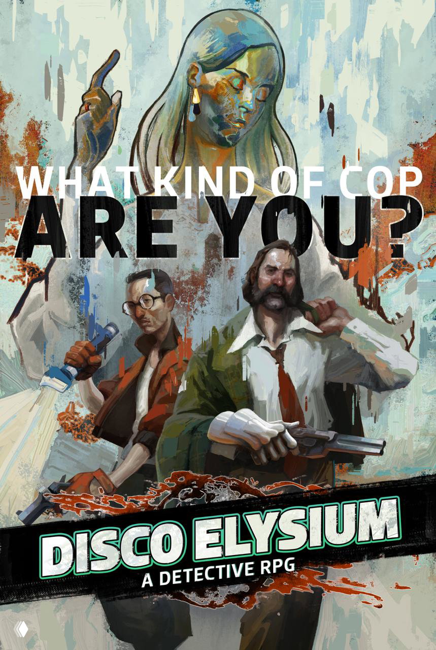 Постер Disco Elysium: художественная иллюстрация с двумя детективами, кистевые мазки и крупный текст названия игры.