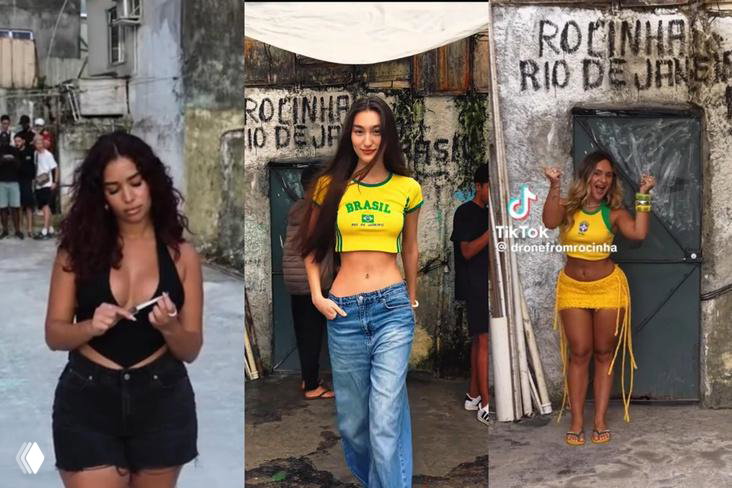 Три кадра с блогерами в яркой одежде, снимающимися на фоне стен и входов фавел Рио — контраст гламура и бедности.