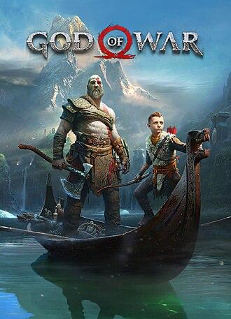Обложка God of War: Кратос с Атреем на лодке на фоне снежных гор и мрачного неба, эпический северный пейзаж.
