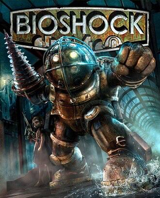 Обложка BioShock: монструозный персонаж в дайверском костюме (Big Daddy) в подводной обстановке с ретро-стимпанк деталями.