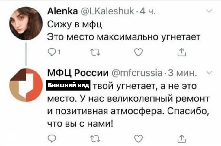 Скриншот переписки с официальным ответом МФЦ в шутливом контексте; пример абсурдного диалога между пользователем и организацией.