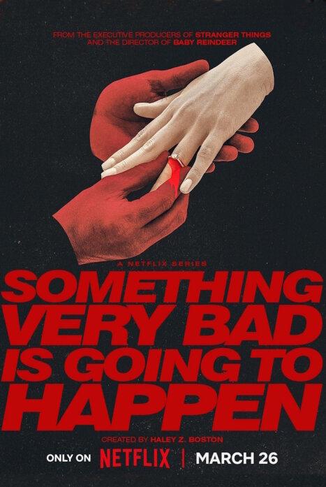 Минималистичный постер с крупным красным заголовком и изображением рук, передающих кольцо, тревожная режиссёрская стилистика.