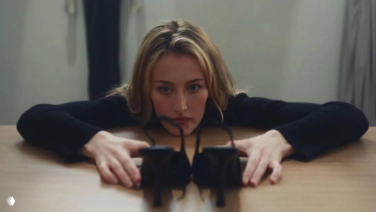 Кадр: женщина опирается на стол и сосредоточенно смотрит на пару туфель, выразительное лицо и минималистичная композиция создают эстетичный, меланхоличный образ.