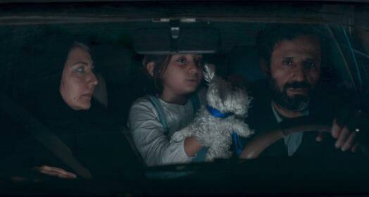 Вид из салона автомобиля: семья и маленькая собака на заднем сиденье, сосредоточенные лица героев в замкнутом пространстве.