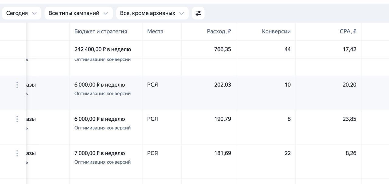 Скриншот статистики кампаний с несколькими строками бюджетов, расходами и значениями конверсий и CPA, демонстрирующий эффективность размещения.