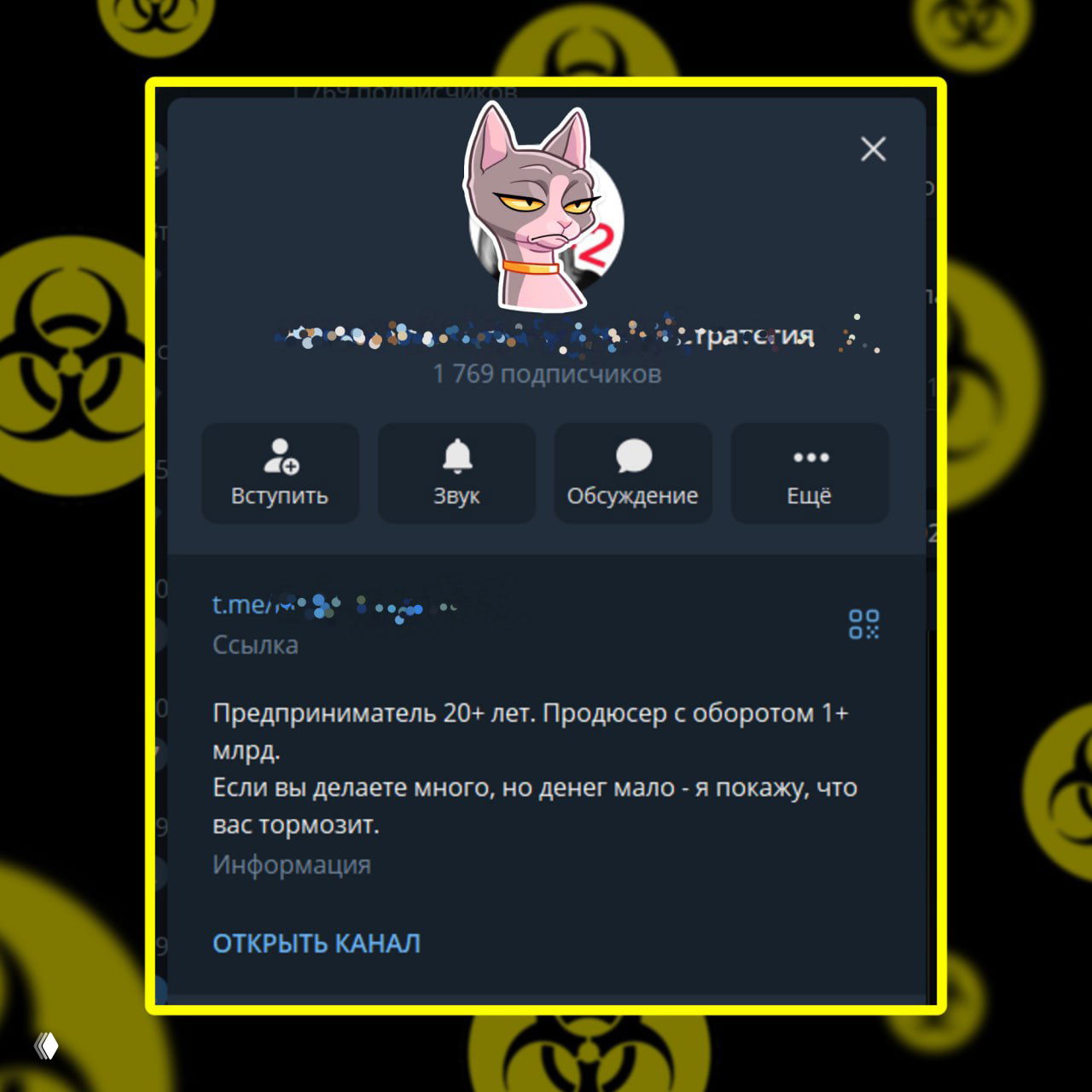 Скриншот страницы ТГ‑канала с био «Предприниматель 20+ лет. Продюсер с оборотом 1+ млрд.», аватаркой с котом и заблюренным названием канала.