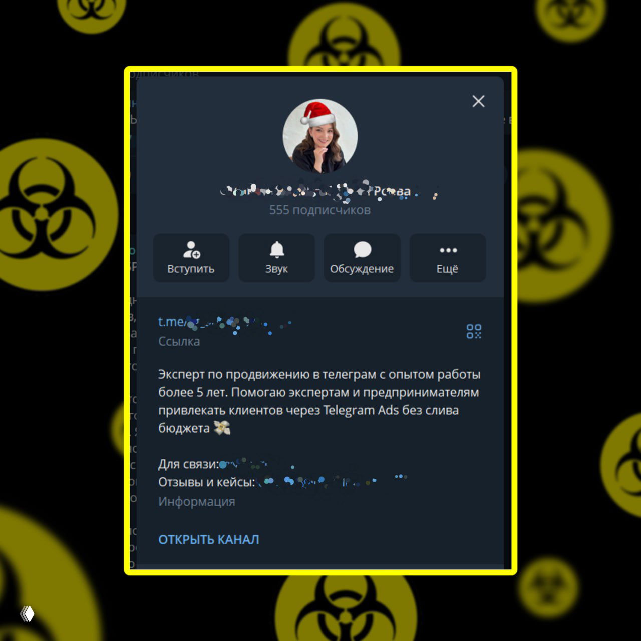 Скриншот профиля Telegram с аватаром в шапке, описанием «Эксперт по продвижению в телеграм» и показателем количества подписчиков.