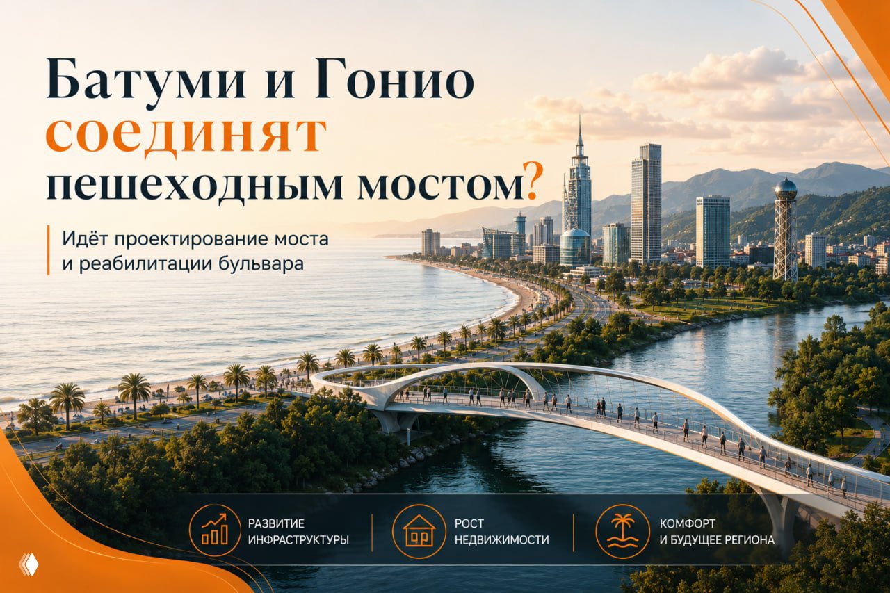 Рендер: пешеходный мост через реку Чорохи между Батумом и Гонио, на фоне бульвара, набережной, пальм и городской панорамы.