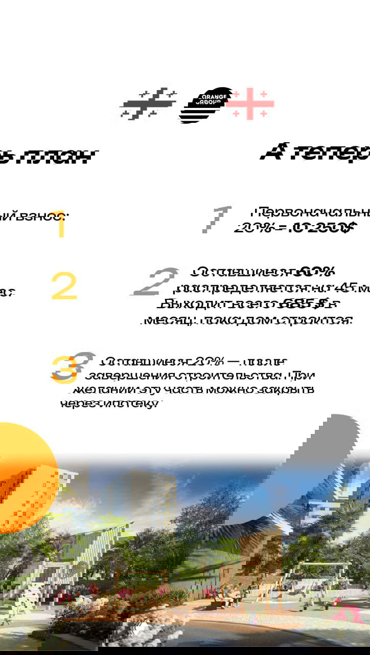 Инфографика с планом платежей: три шага — 20% первоначальный взнос, 60% на 45 месяцев (~685$), 20% после завершения строительства.
