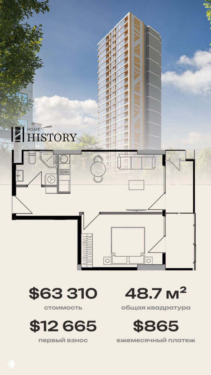 Рендер жилого дома и планировка квартиры 1+1 с указанием цены $63 310, площади 48.7 м², суммы первого взноса и ежемесячного платежа.