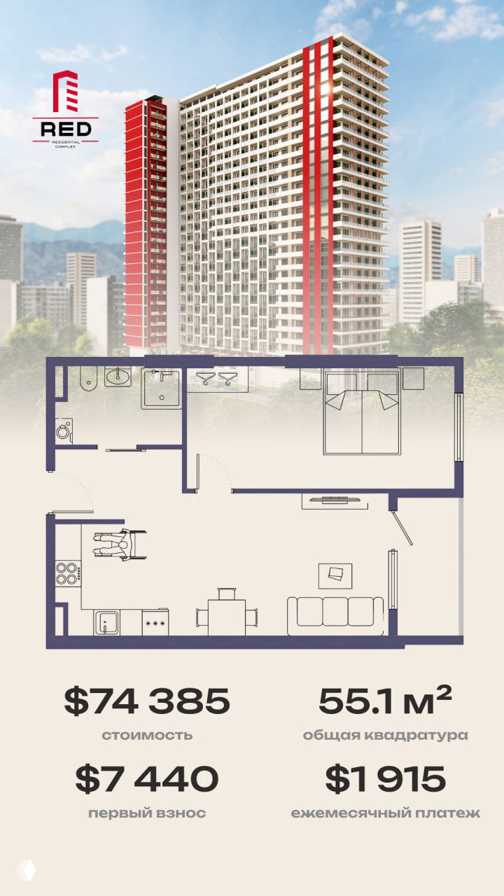 Фасад комплекса RED и чертёж планировки 1+1 с указанием стоимости $74 385, общей площади 55.1 м² и ежемесячного платежа.