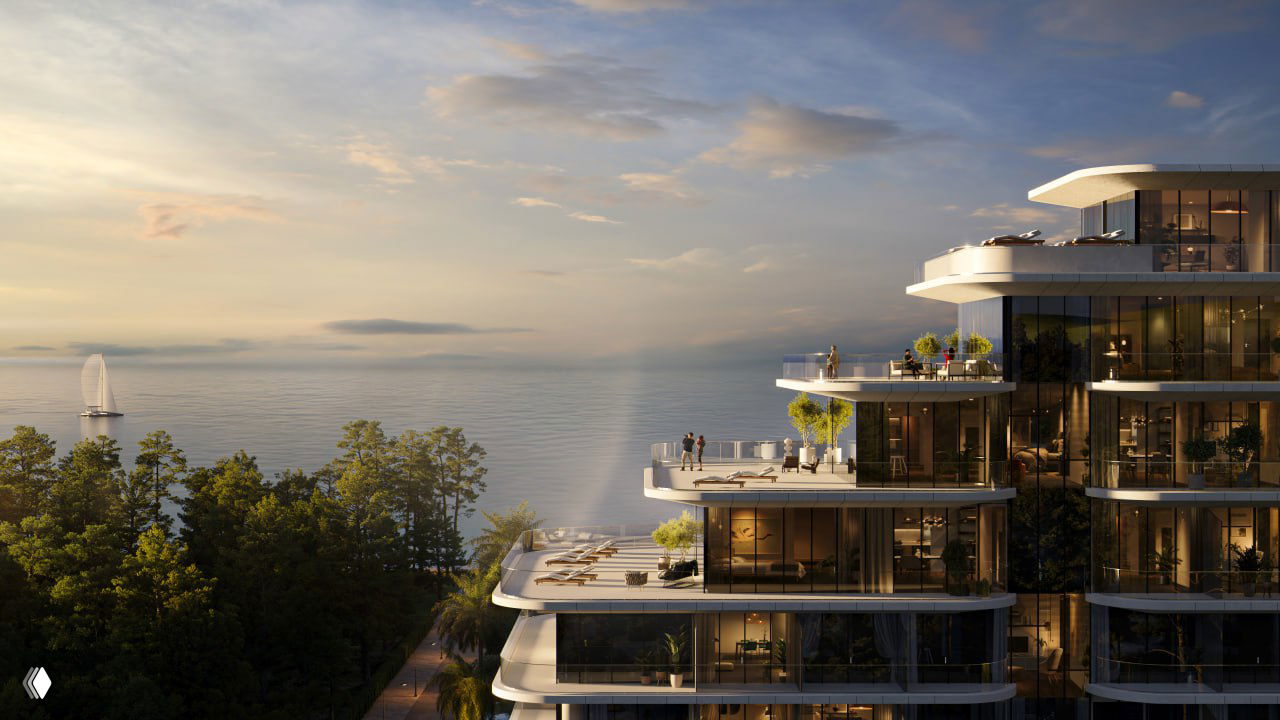 Рендер жилого корпуса у моря в Шекветили с террасами и застеклёнными балконами, парусник на горизонте и спокойный морской пейзаж.