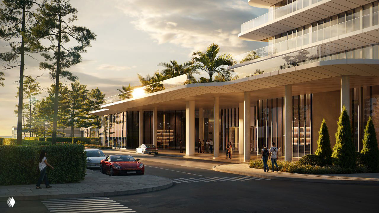 Рендер входной зоны апарт-отеля: колоннада, пальмы, машины у подъезда и прогулочные аллеи на обширной территории проекта.