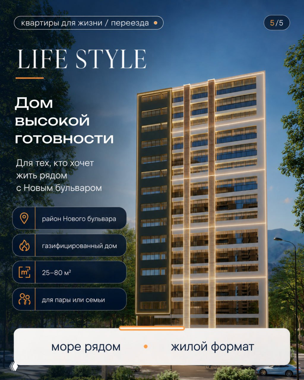Рендер Life Style у Нового бульвара в Батуми: высокоподготовленный дом, газификация, планировки 25–80 м², ориентирован на пары и семьи.