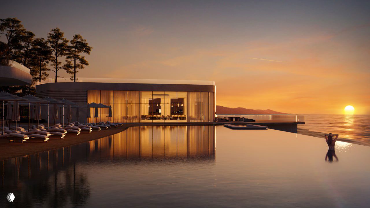 Рендер панорамного инфинити‑бассейна у берега на закате: отражение здания, плавец в воде и тёплая вечерняя атмосфера курорта.
