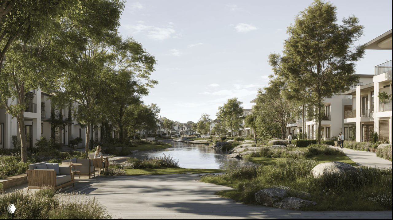 Дневная визуализация прогулочной зелёной зоны между корпусами жилого проекта у воды с тротуарами, деревьями и озеленением.