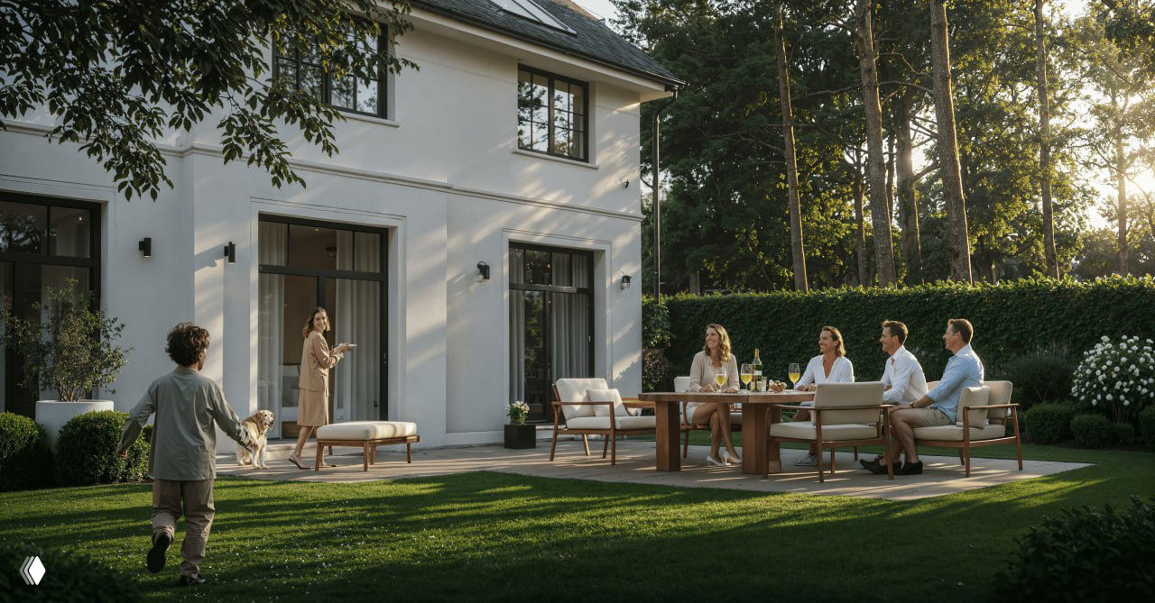 Рендер частного двора и террасы в составе жилого комплекса: семьи на террасе, садовая мебель и спокойная атмосферa участка.