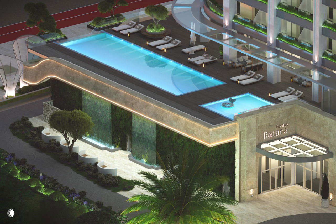 Рендер входной группы Pontus Rotana с террасой и бассейном сверху, входная вывеска и элементы ландшафтного дизайна у главного входа.