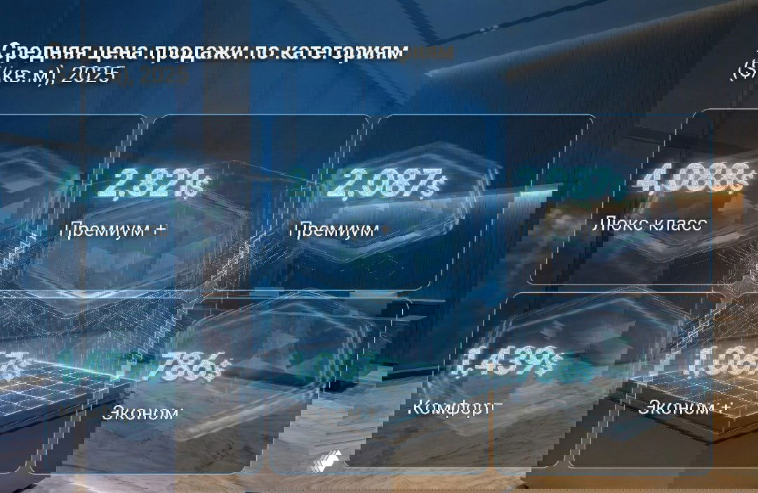 Инфографика: средние цены по категориям в Тбилиси (2025) — люкс 4 088$, премиум+ 2 821$, комфорт 1 439$, эконом 786$