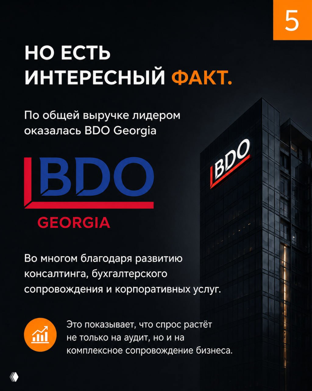 Слайд с логотипом BDO Georgia на фоне стеклянного офисного здания — иллюстрация, что BDO возглавила выручку благодаря консалтингу.