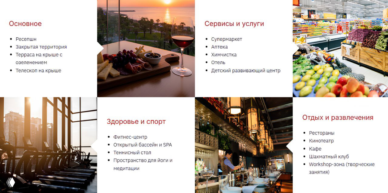 Коллаж интерьеров и инфраструктуры комплекса: вид на море и закат, тренажёрный зал, супермаркет и зоны отдыха — примеры сервисов внутри ЖК RED.