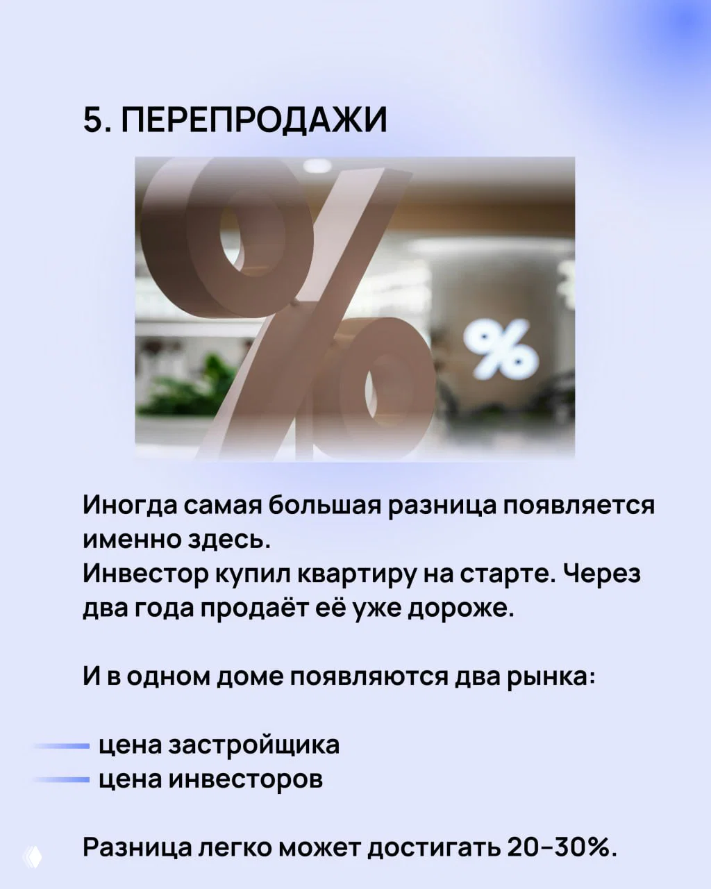 Слайд «5. ПЕРЕПРОДАЖИ» с крупным символом процента и текстом о разнице 20–30%, показывающий роль инвесторов на вторичном рынке.
