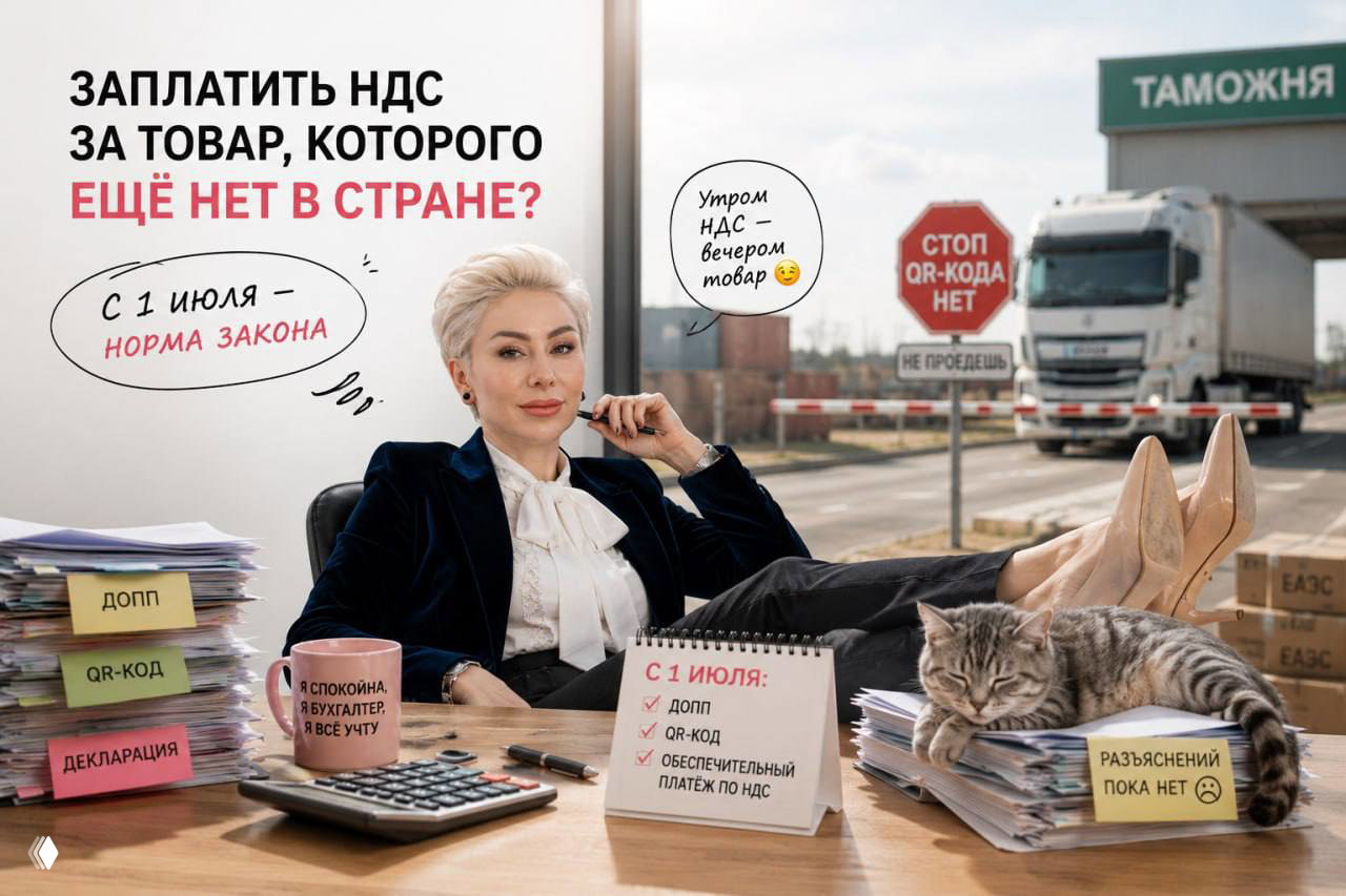 Бухгалтер за столом с калькулятором, стопками документов и котом, на фоне таможни и грузовика с табличкой про отсутствие QR‑кода и подписью о НДС.