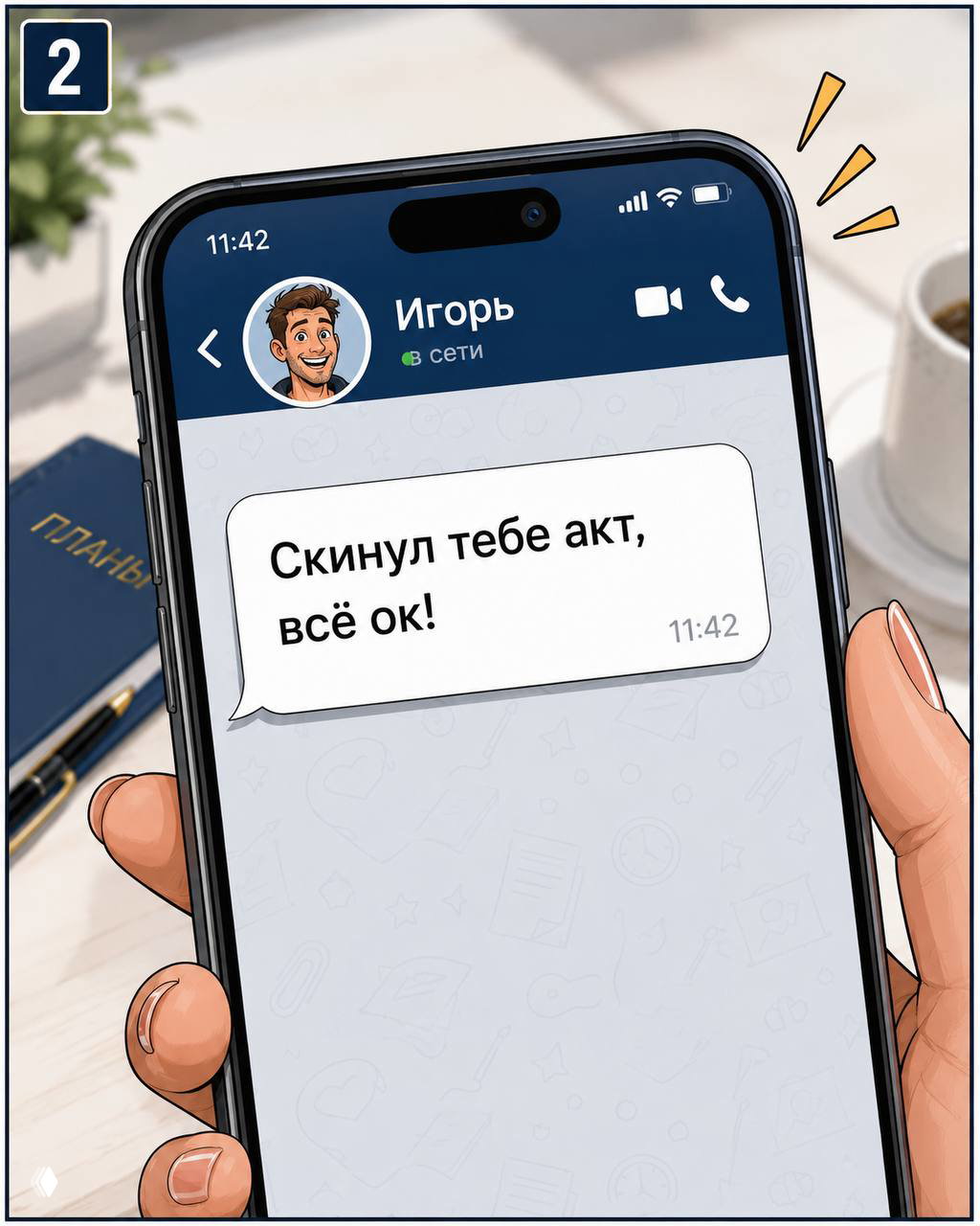 Крупный план смартфона в руке с чатом, сообщение «Скинул тебе акт, всё ок!», иллюстрация переписки между клиентом и бухгалтером.