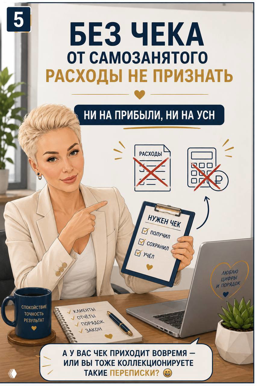 Плакат с заголовком «Без чека от самозанятого расходы не признать», бухгалтер показывает планшет с отметками — визуальное сообщение о налоговых последствиях.