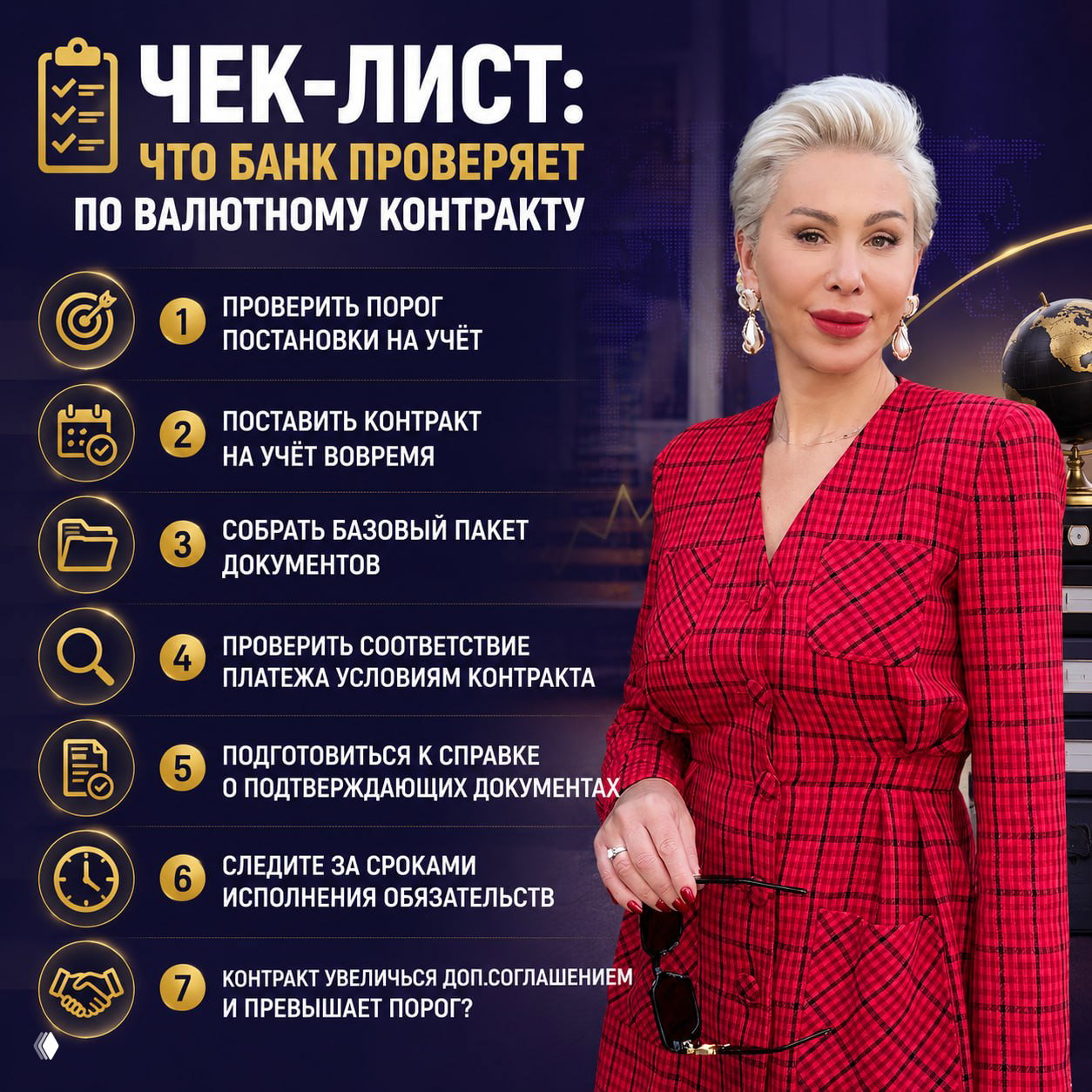 Инфографика: чек‑лист по проверкам банка при валютных контрактах, крупный заголовок и портрет Натальи Будько рядом со списком и иконками пунктов