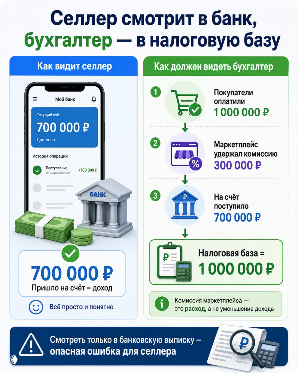 Селлер смотрит в банк, бухгалтер — в налоговую базу