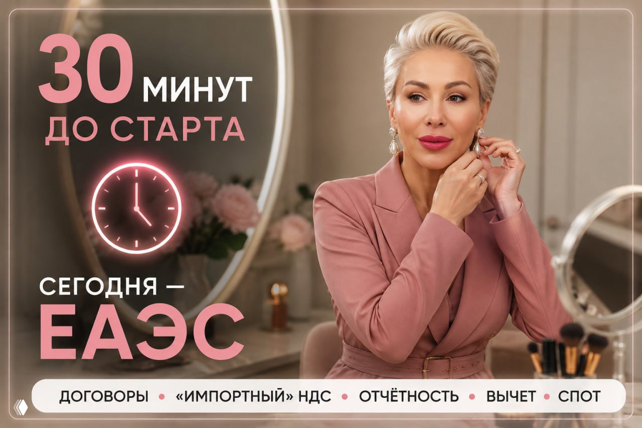 Ведущая в розовом костюме перед зеркалом на фоне текста «30 минут до старта» — анонс эфира по ЕАЭС, НДС и отчётности для бухгалтеров.