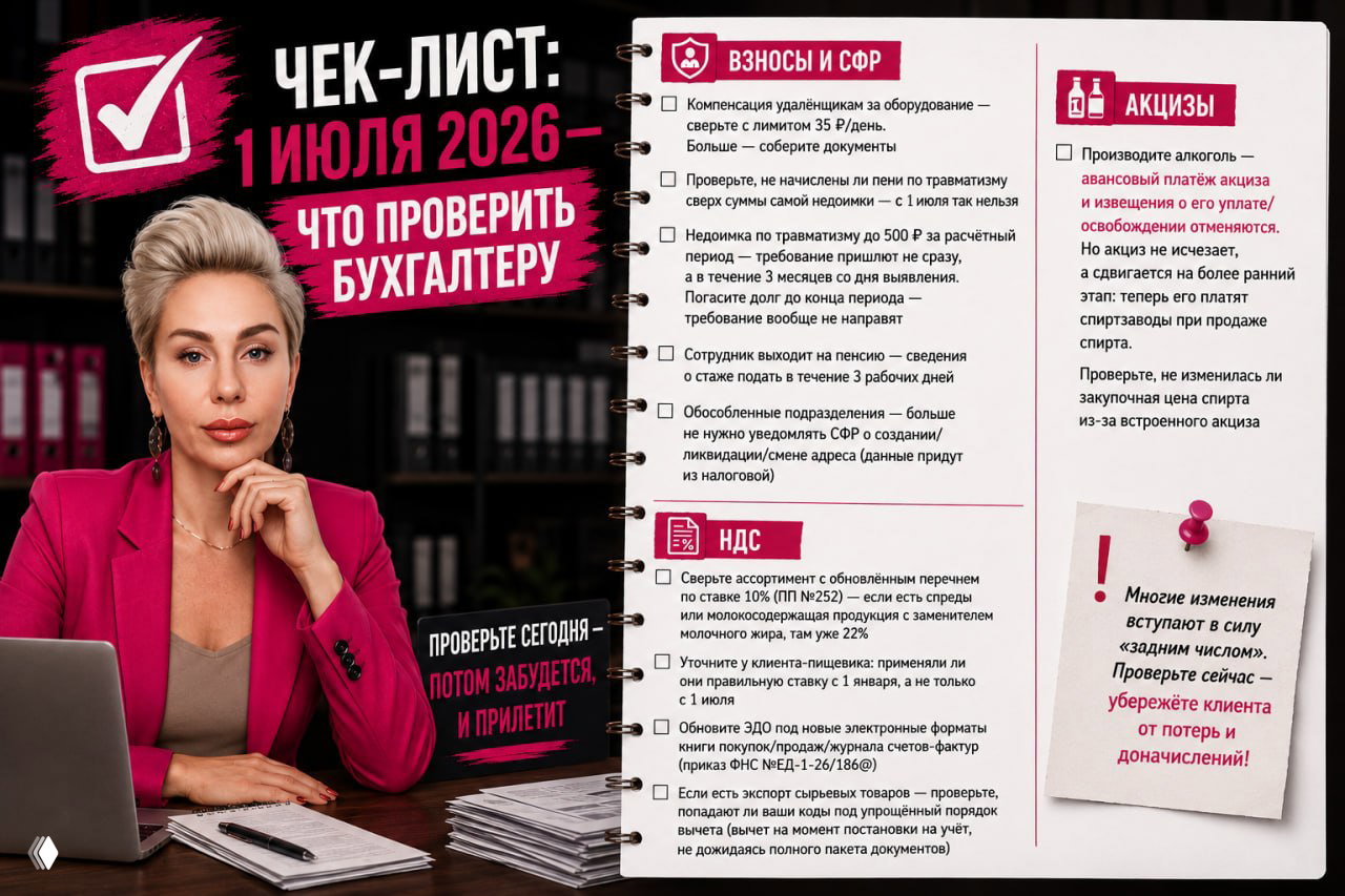 Портрет бухгалтера на фоне офисных полок и крупная инфографика‑чек‑лист с заголовком «Чек‑лист: 1 июля 2026 — что проверить бухгалтеру», пункты изменений по налогам.