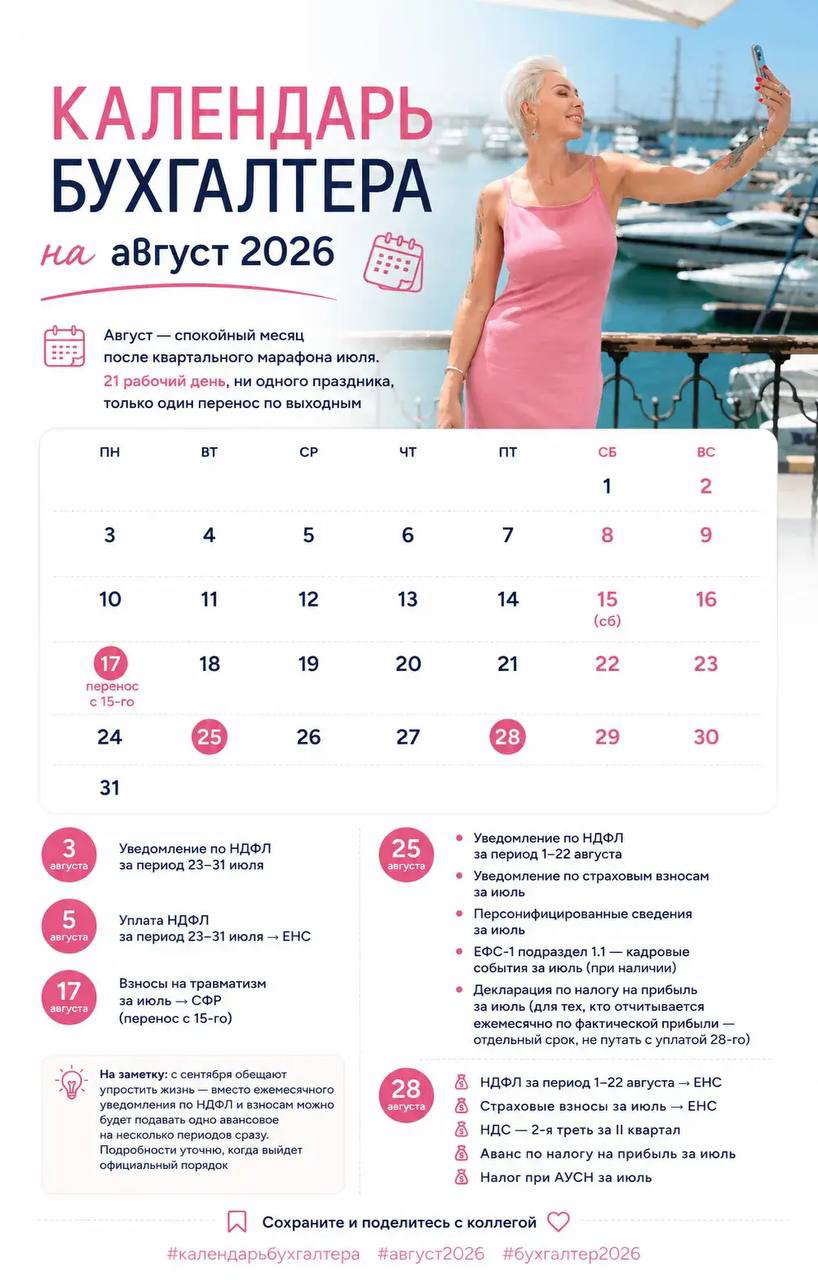 Календарь бухгалтера на август 2026