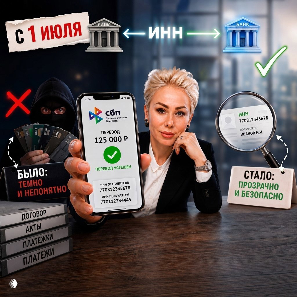Деловая женщина держит смартфон с подтверждением перевода по СБП; справа увеличено поле с ИНН, сверху иконки банков и надпись «С 1 июля».