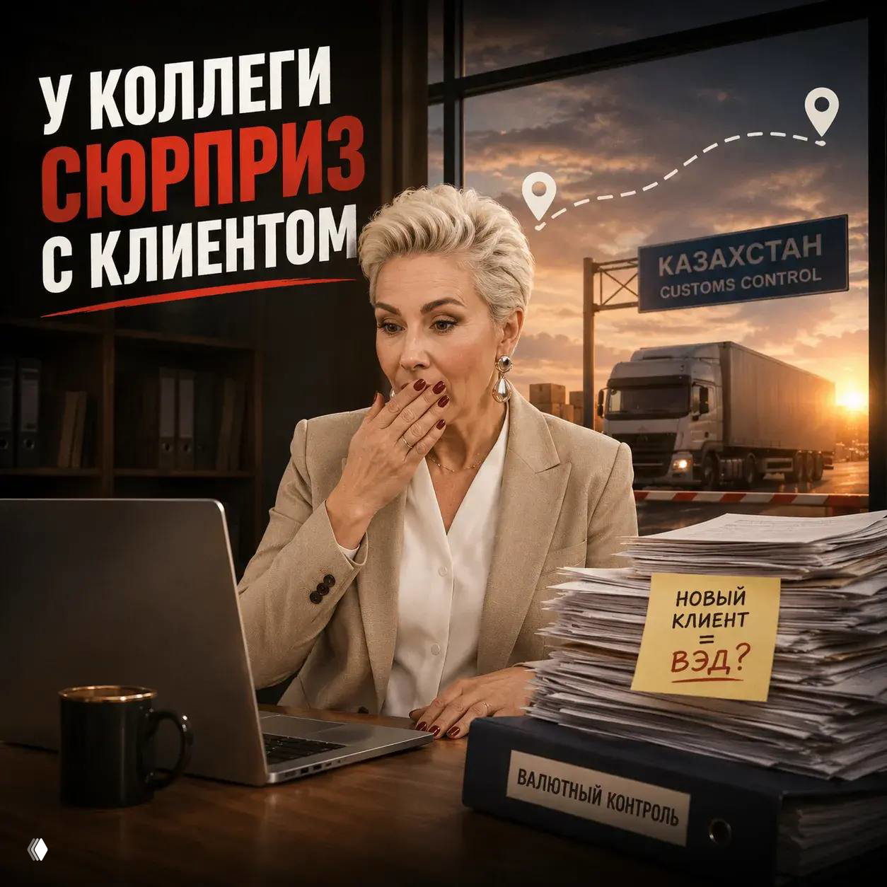 Бухгалтер в офисе удивлённо смотрит на ноутбук; на столе стопка документов с пометкой «валютный контроль», на фоне — фура и дорожный знак «Казахстан» на закате.
