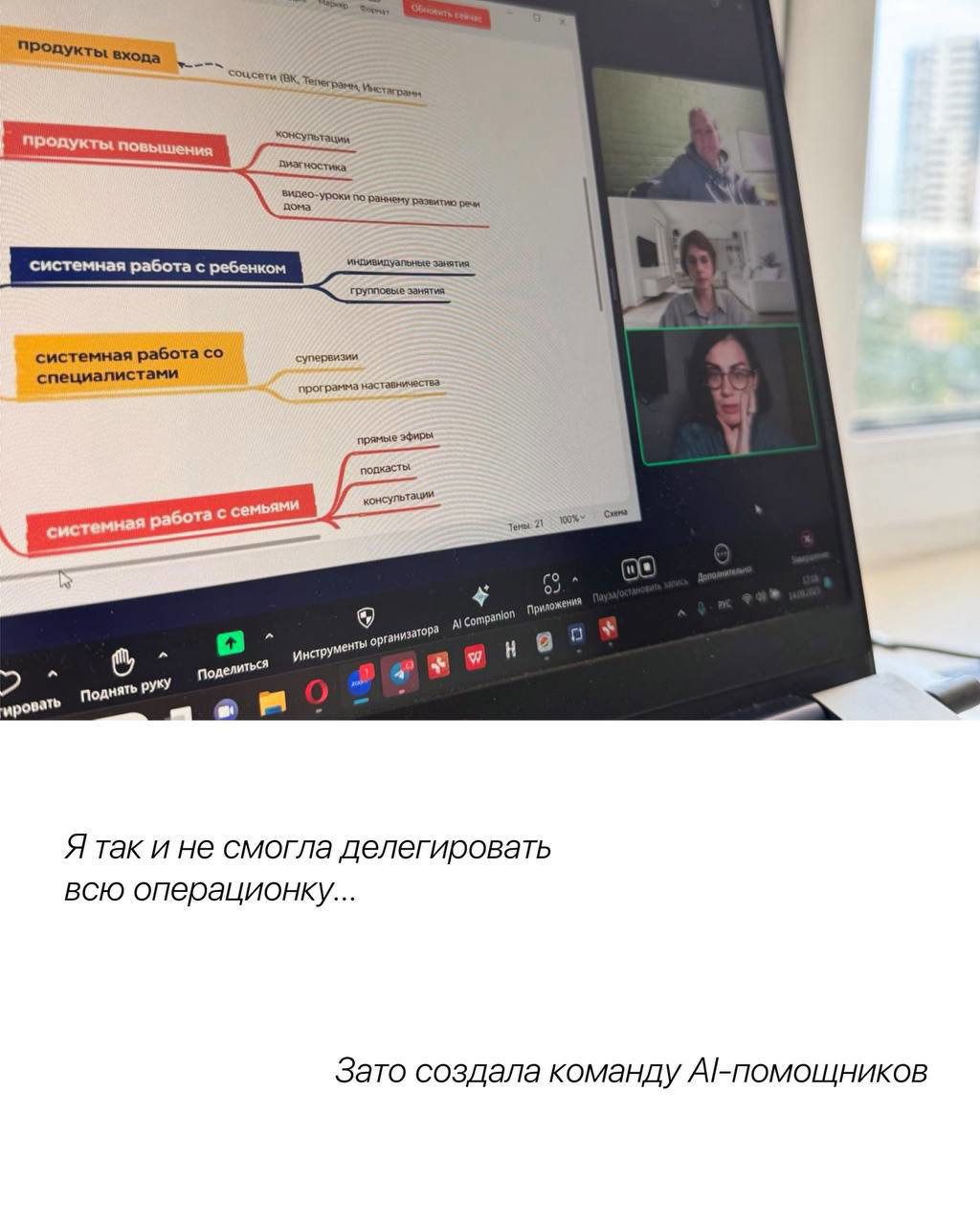 Снимок экрана ноутбука с майндмэпом и видеоконференцией — рабочие процессы, онлайн-встречи и командная коммуникация в удаленном формате.