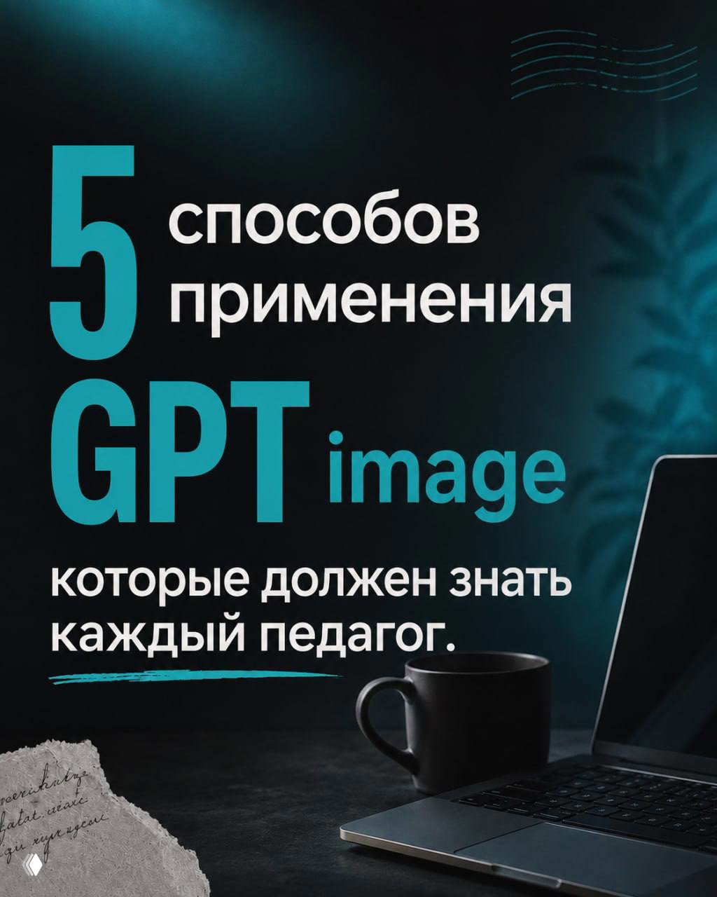 Титульный слайд карусели: тёмный фон с надписью «5 способов применения GPT image», на столе ноутбук и кружка, образовательная тема