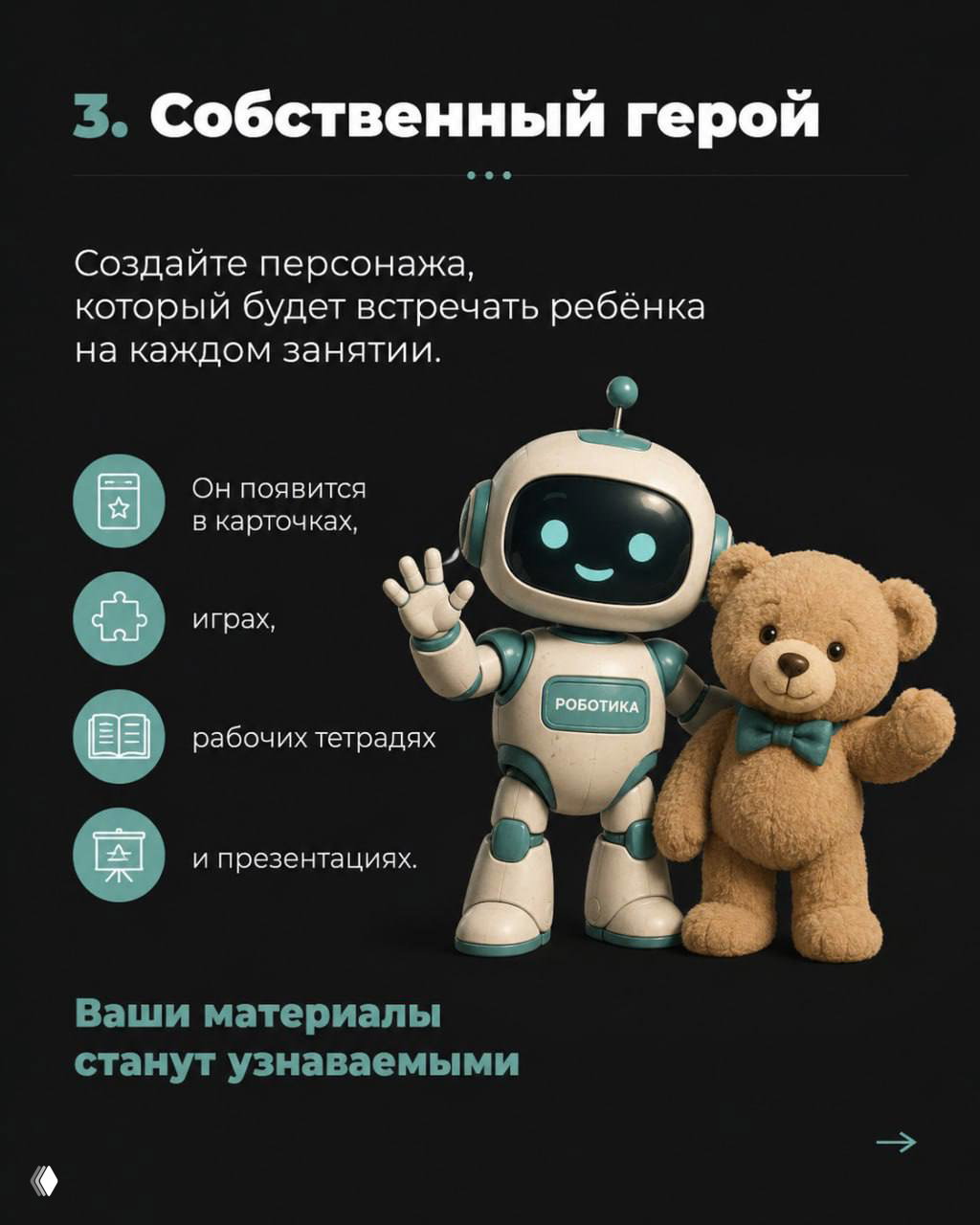 Примеры собственного героя: робот и плюшевый медведь в студийной композиции, персонаж для использования в карточках, играх и презентациях
