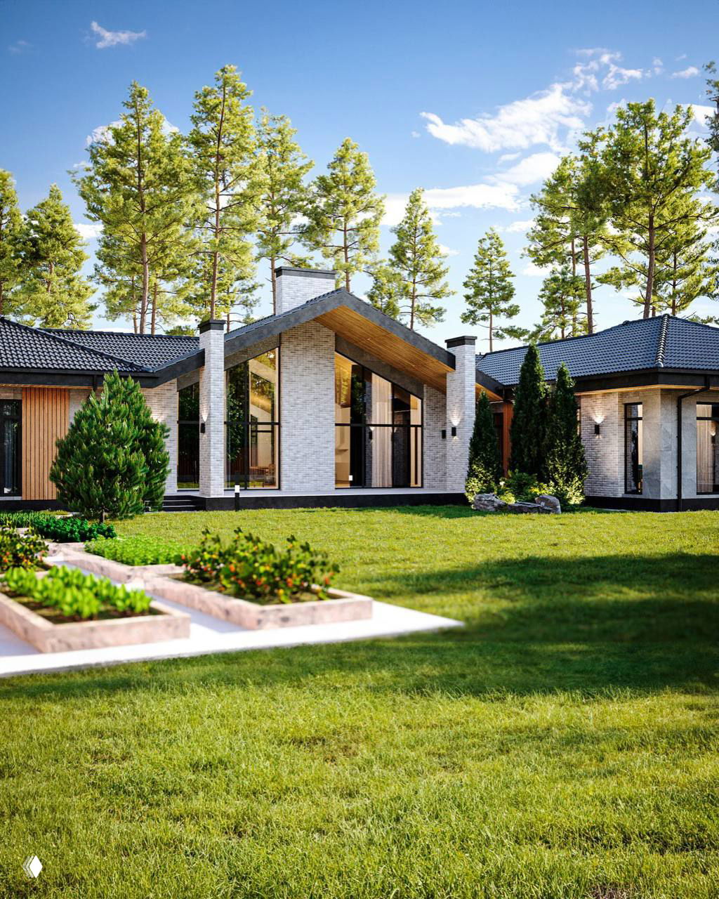 Общий архитектурный вид дома в окружении соснового леса: сочетание современного стекла, кирпича и дерева, фасад освещён мягким дневным светом.