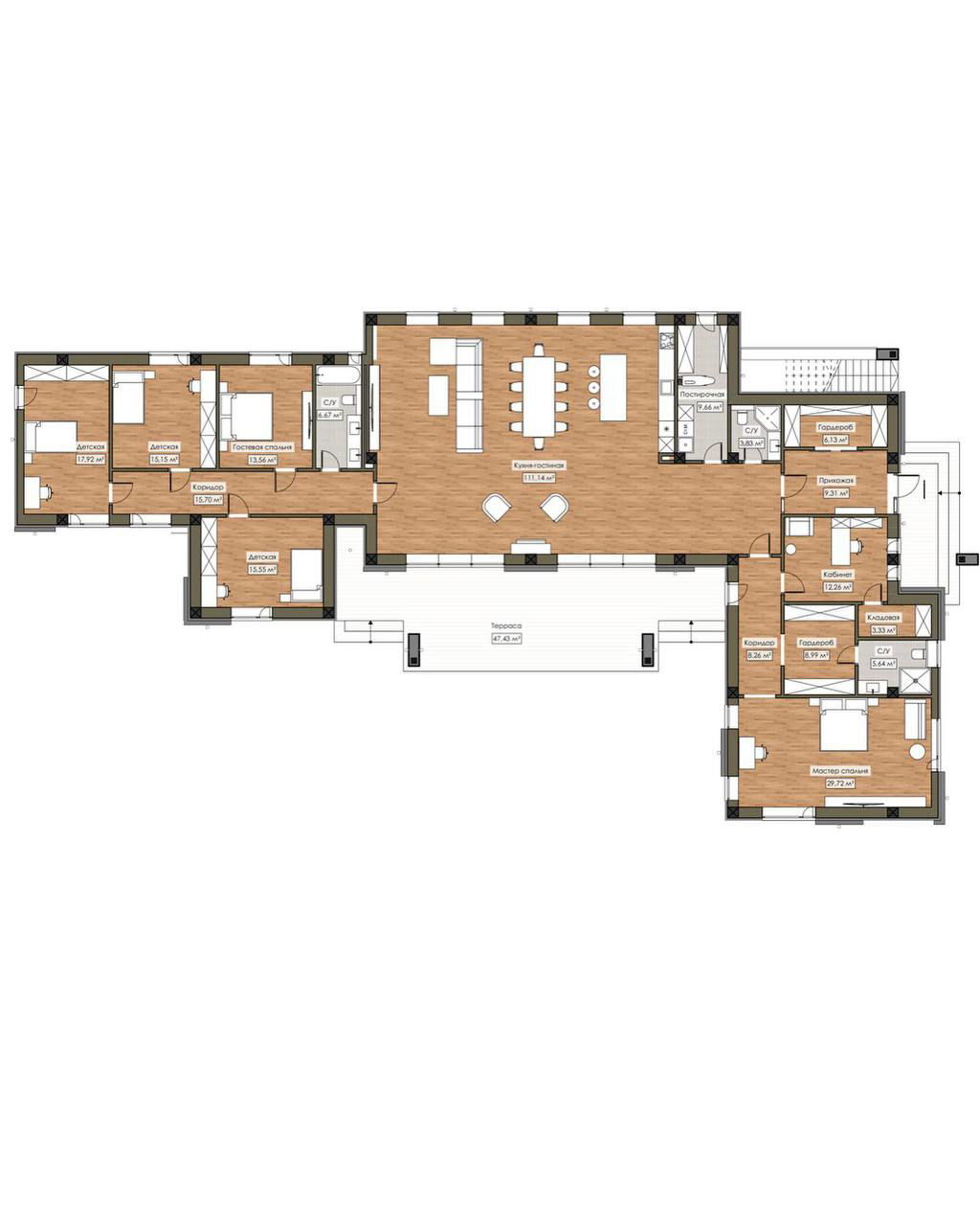 План этажа дома: схема с выделенной центральной общей зоной, террасой и распределением приватных спален по периметру, показаны размеры и назначения комнат.