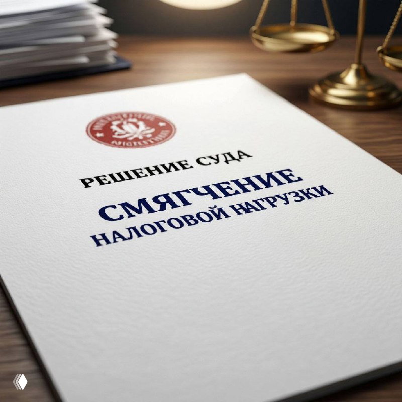 Документ с заголовком «РЕШЕНИЕ СУДА. СМЯГЧЕНИЕ НАЛОГОВОЙ НАГРУЗКИ» на рабочем столе рядом с весами — иллюстрация судебного решения по налогам.