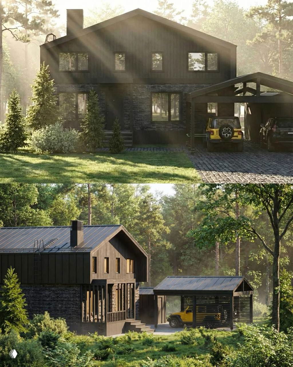 Вид на тёмный дом и навес для машин на лесном участке; на переднем плане подъезд и припаркованные внедорожники у деревянного навеса.