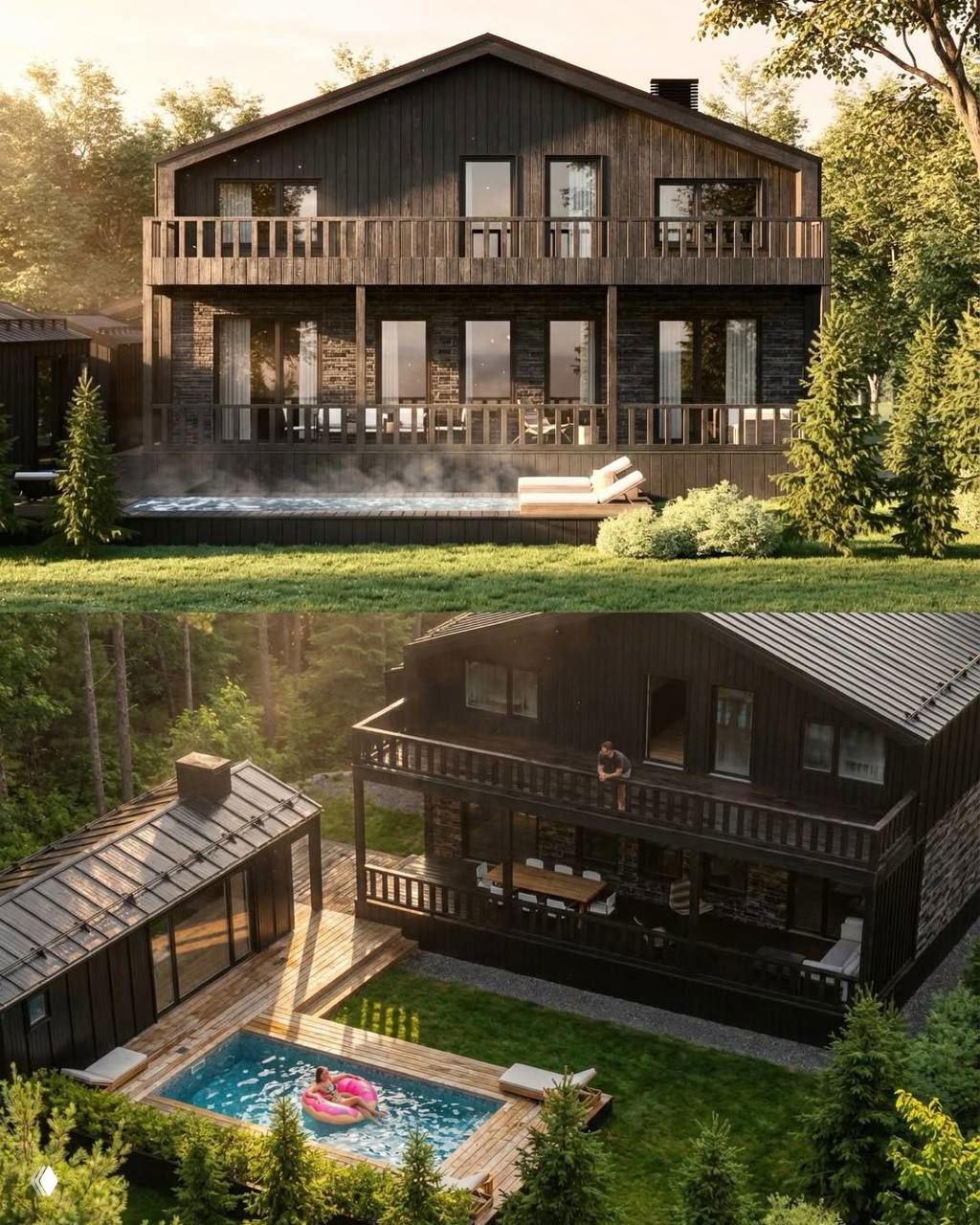 Вид со двора: двухэтажный дом с балконом, деревянной отделкой и панорамными окнами, вокруг лесной ландшафт и газон.
