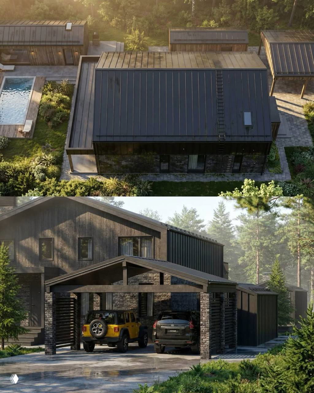 Аэрофотосъёмка участка с домом, открытым бассейном и зоной отдыха; видно террасу, лежаки и купающегося человека на надувном круге.