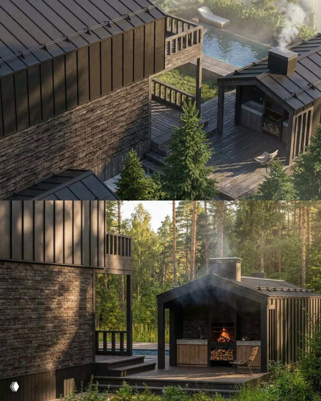 Детальное изображение барбекю-зоны и деревянной террасы рядом с баней, дым в трубе и уютная атмосфера на фоне леса и зелёных насаждений.